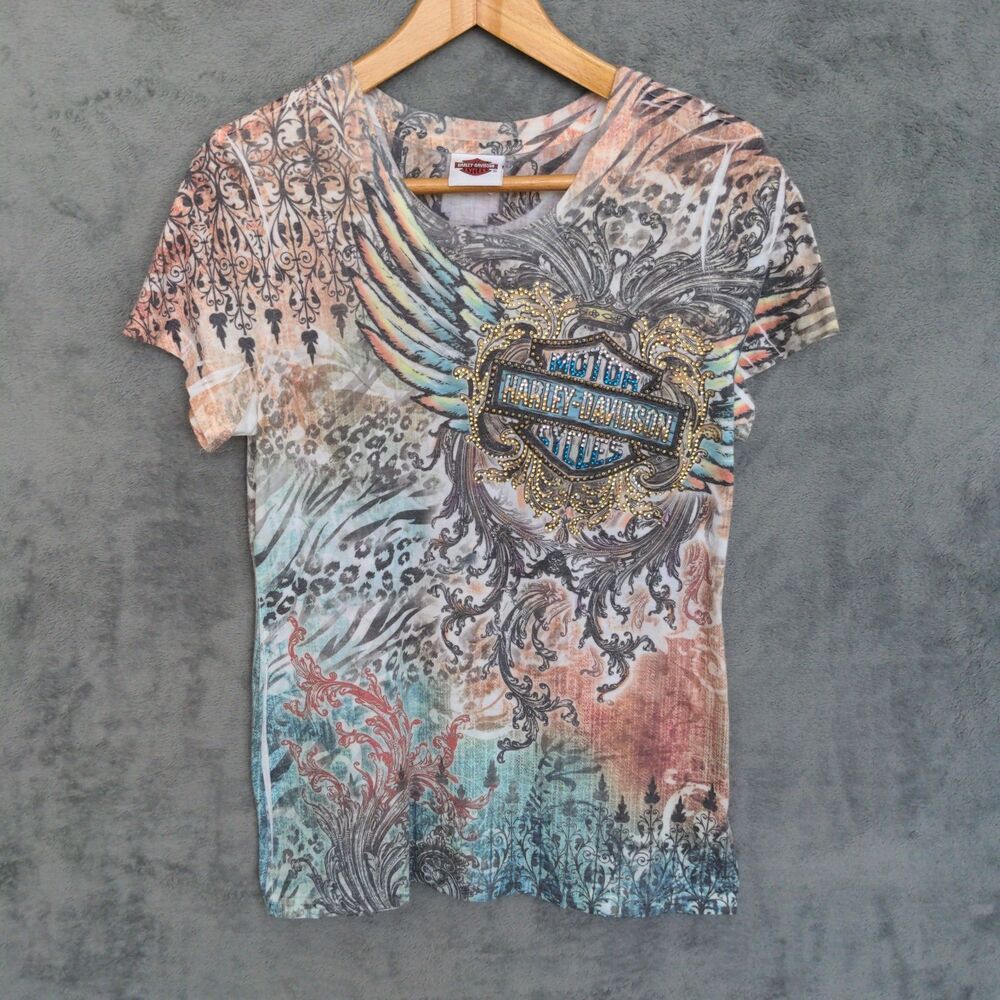 Harley Davidson All Over Graphic T Shirt Womens Large Multi Faded Y2K